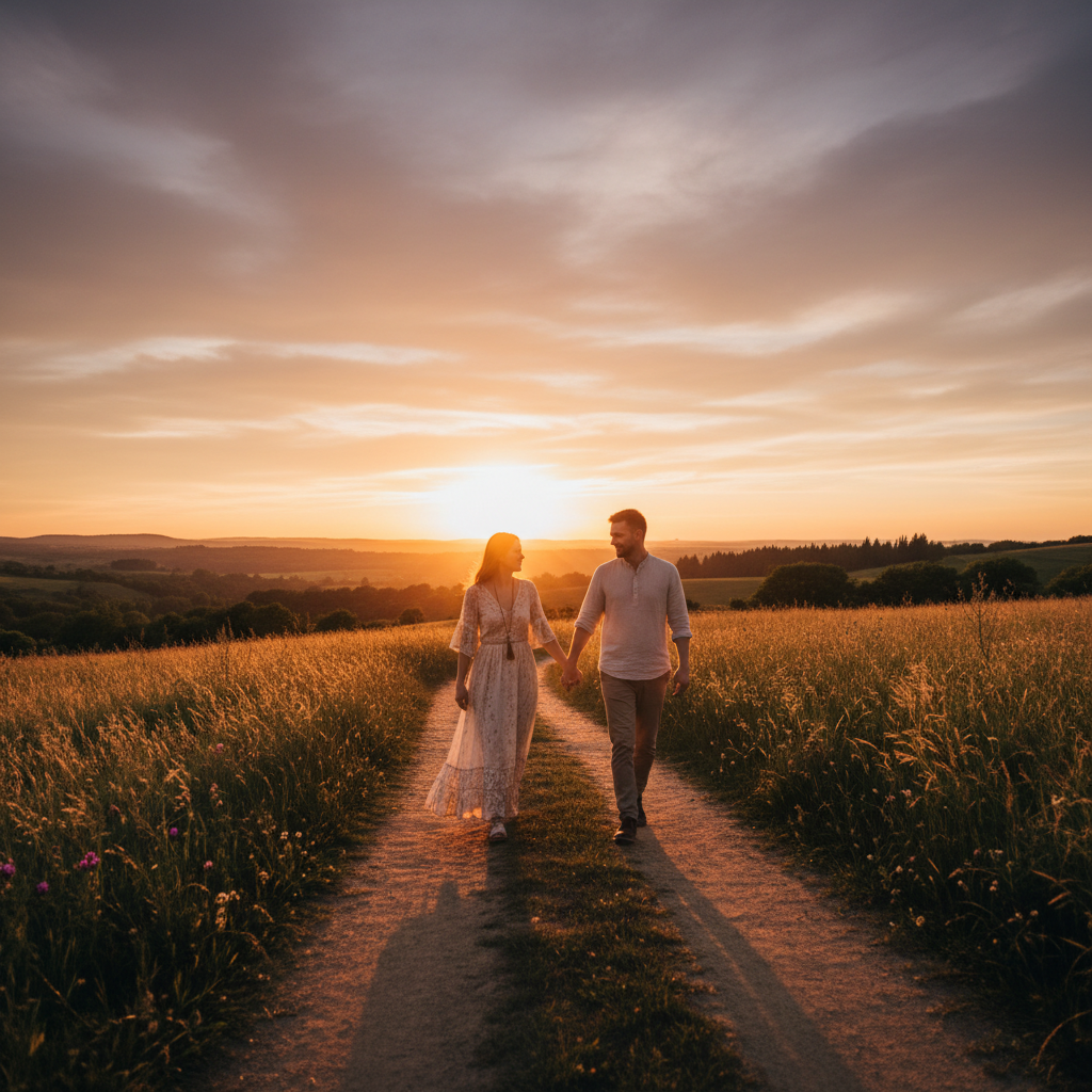Couple walking together outdoors at sunset, comfortable and connected
