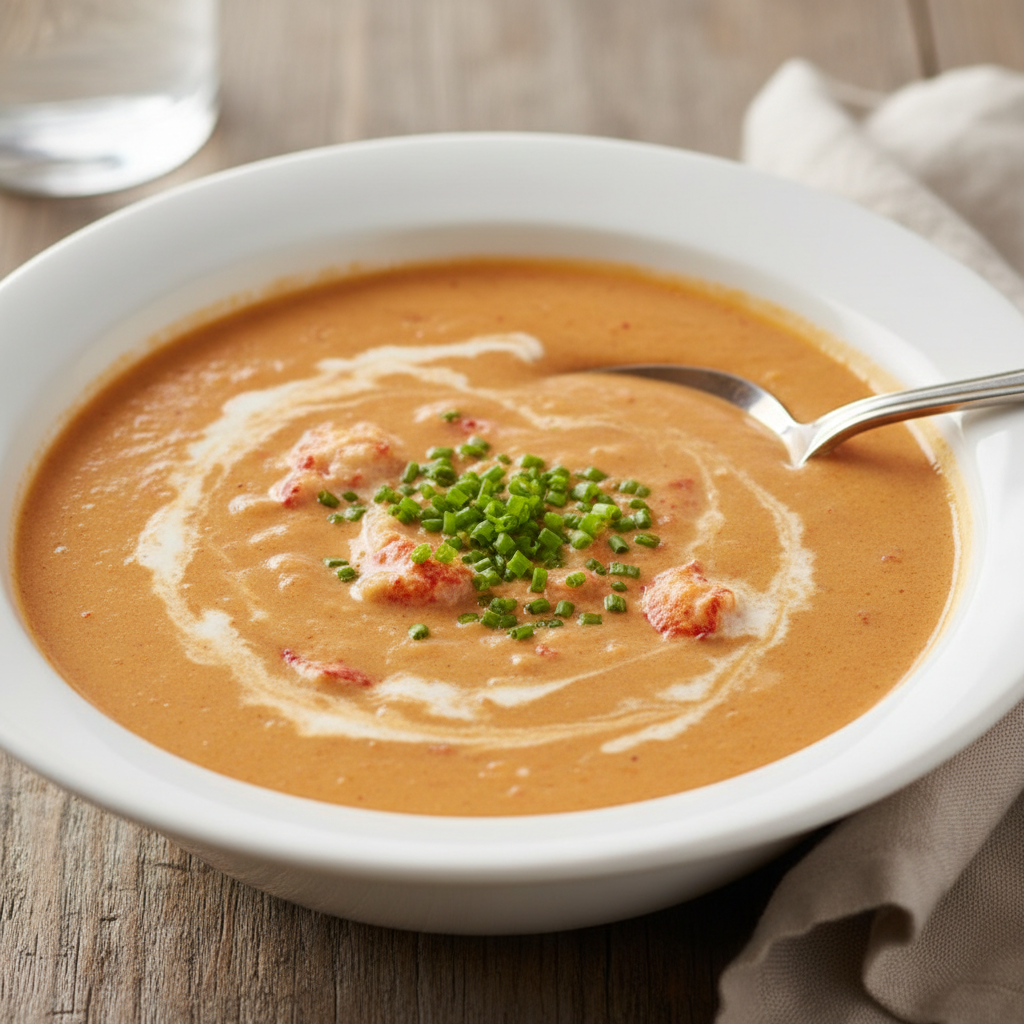 Rich orange lobster bisque in white bowl with cream swirl and fresh herbs, elegant presentation