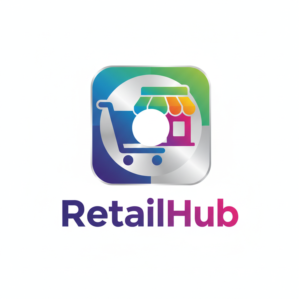 RetailHub Inc modern retail brand logo with shopping cart symbol in vibrant colors