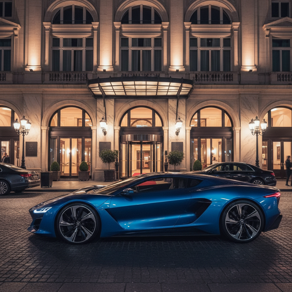 VX-R Apex parked outside luxury hotel at night