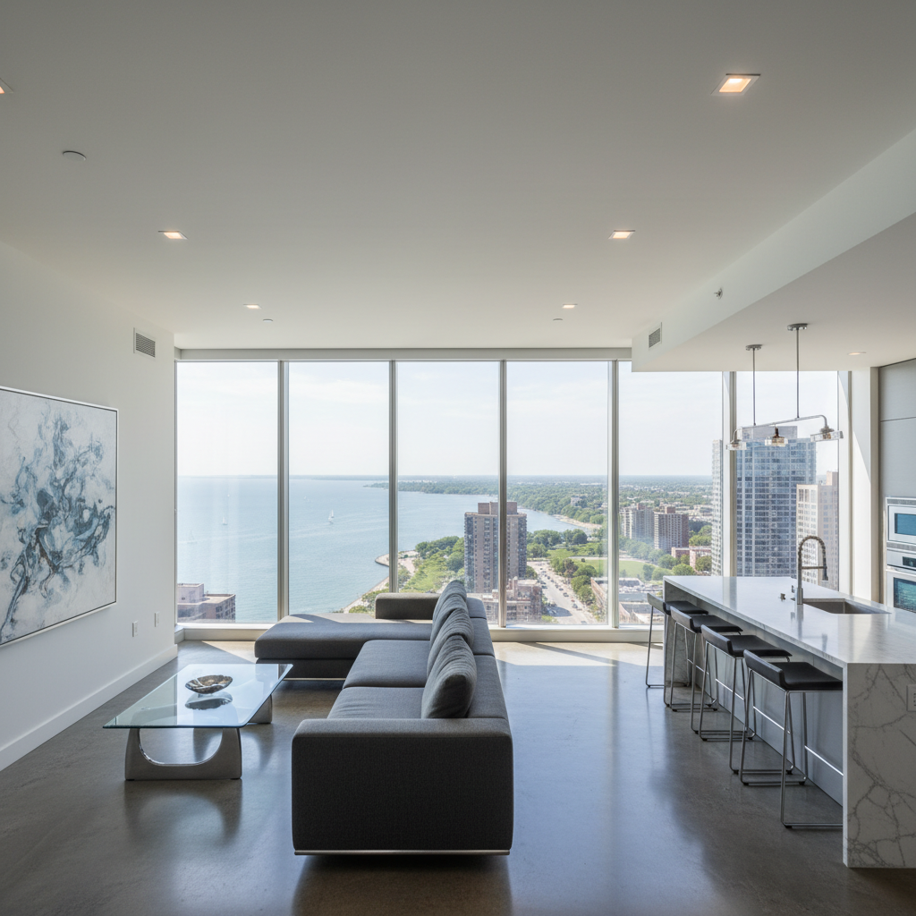 High-rise apartment living room with panoramic city view, modern minimalist interior, bright open space
