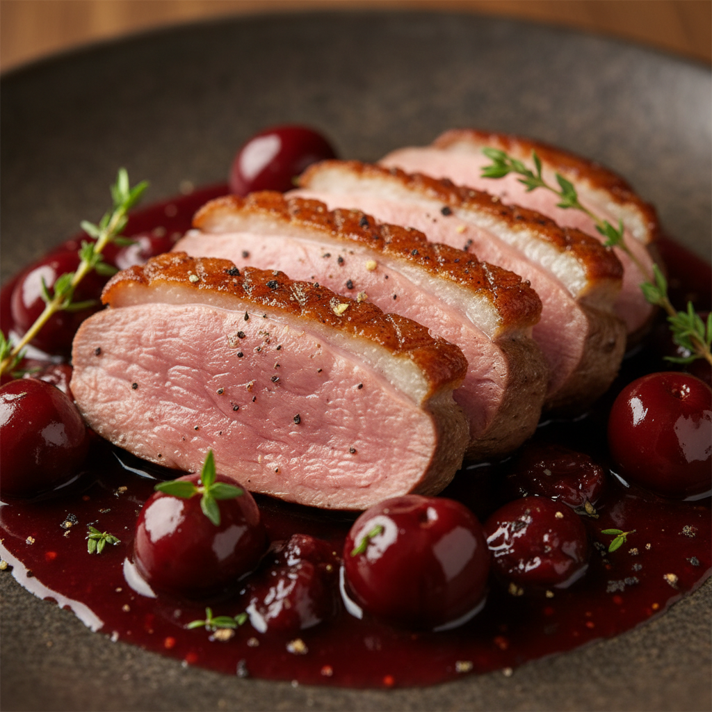 Elegantly plated seared duck breast with dark cherry sauce on white porcelain, fine dining presentation