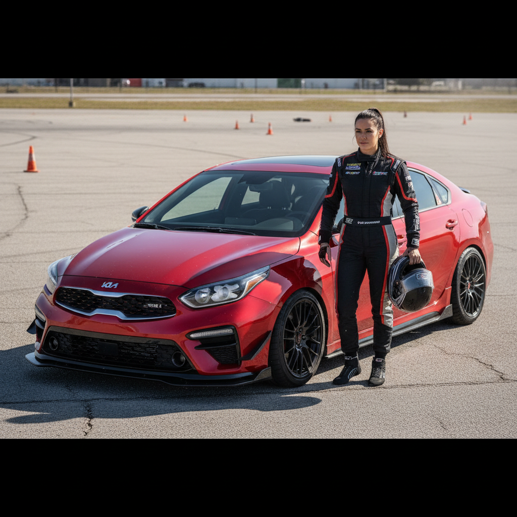 Priya Nair, autocross competitor, beside her Stage 1 tuned Forte GT