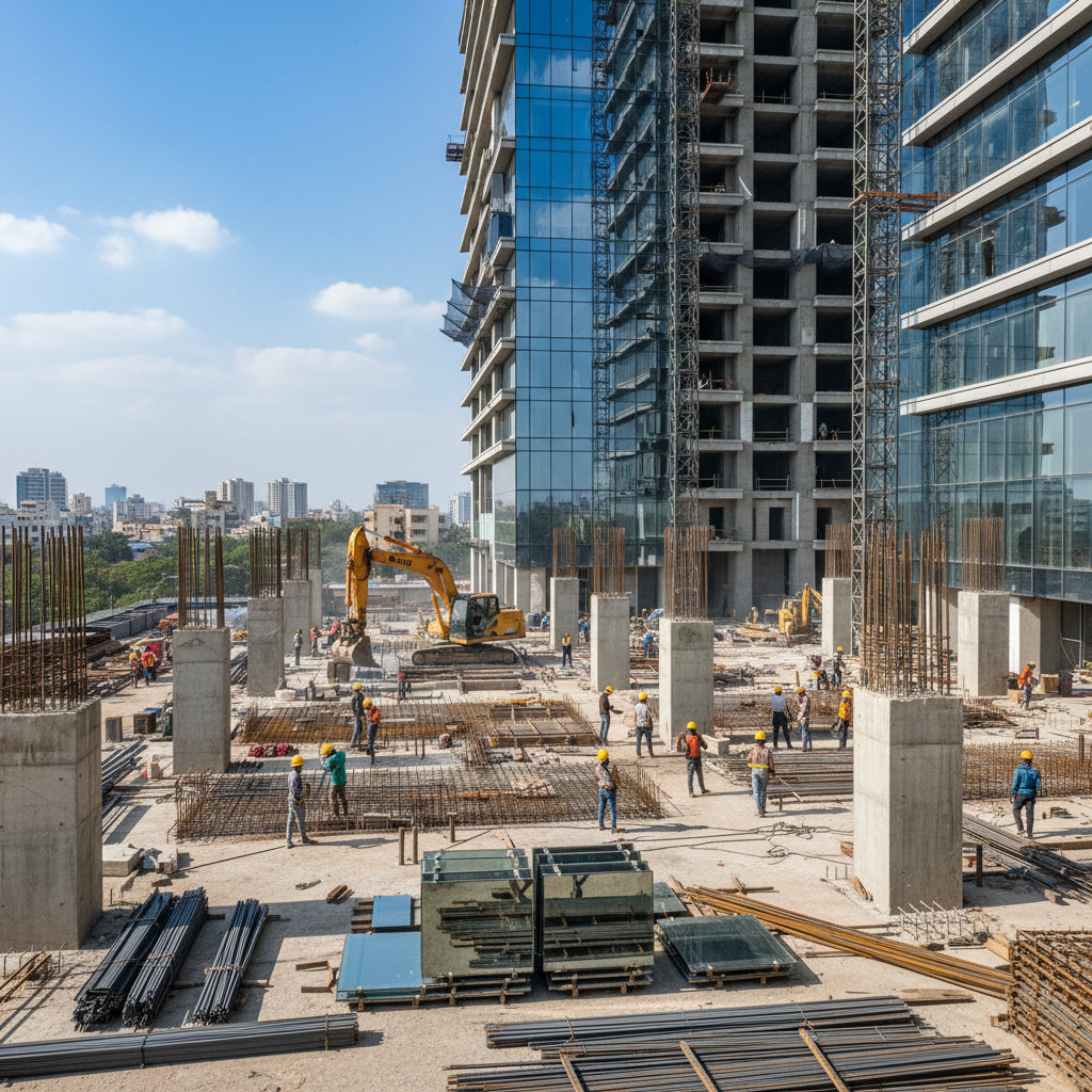 Construction site with workers and modern building in progress