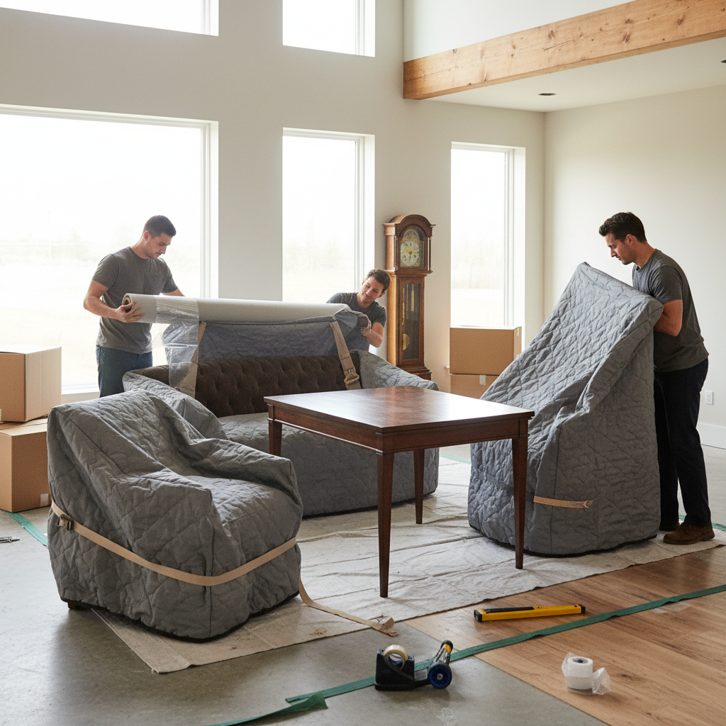 Moving crew carefully wrapping furniture in quilted moving pads inside a bright apartment