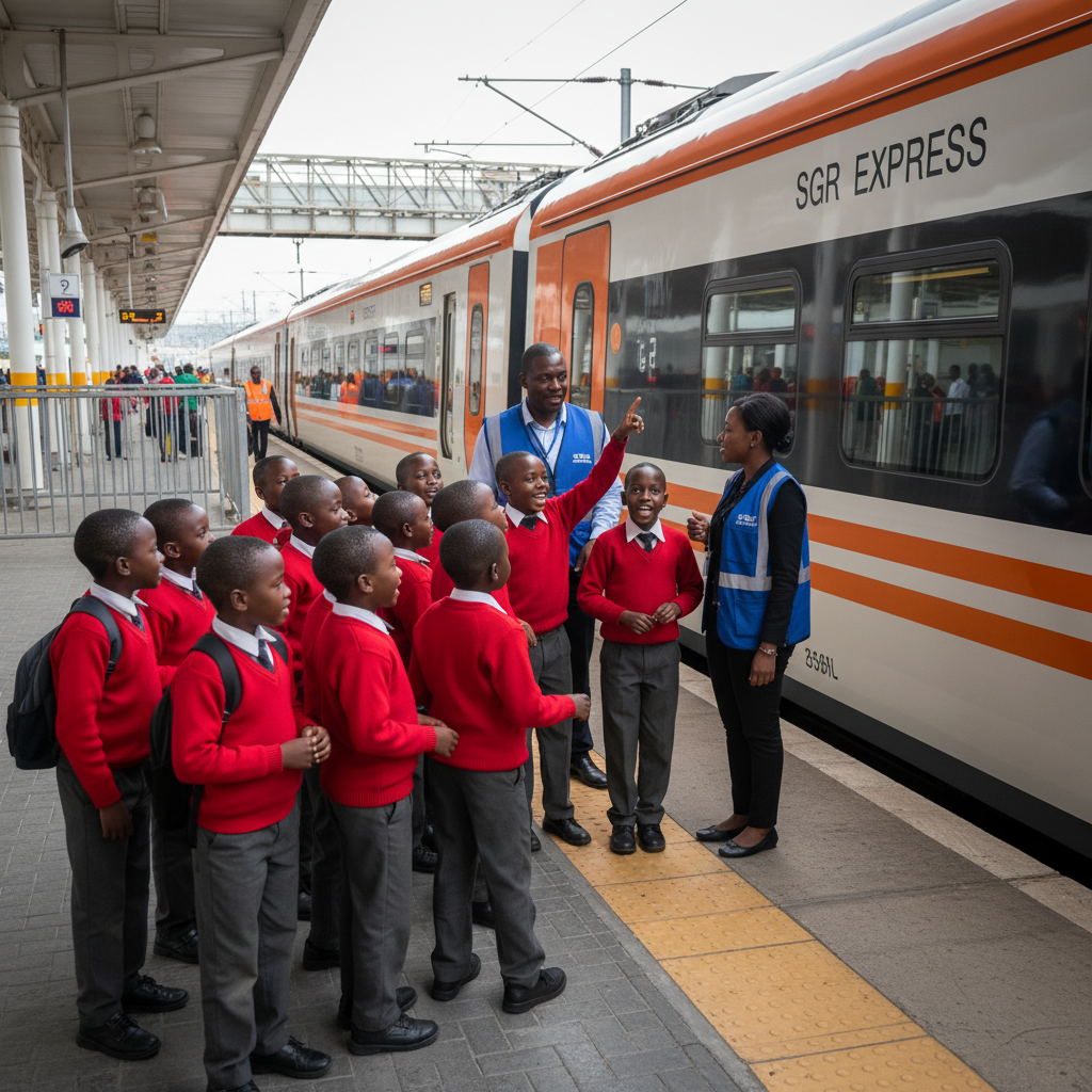 Hope Resilience Academy school children in red sweaters on a train platform in front of an orange and white SGR train with two adults during educational field trip