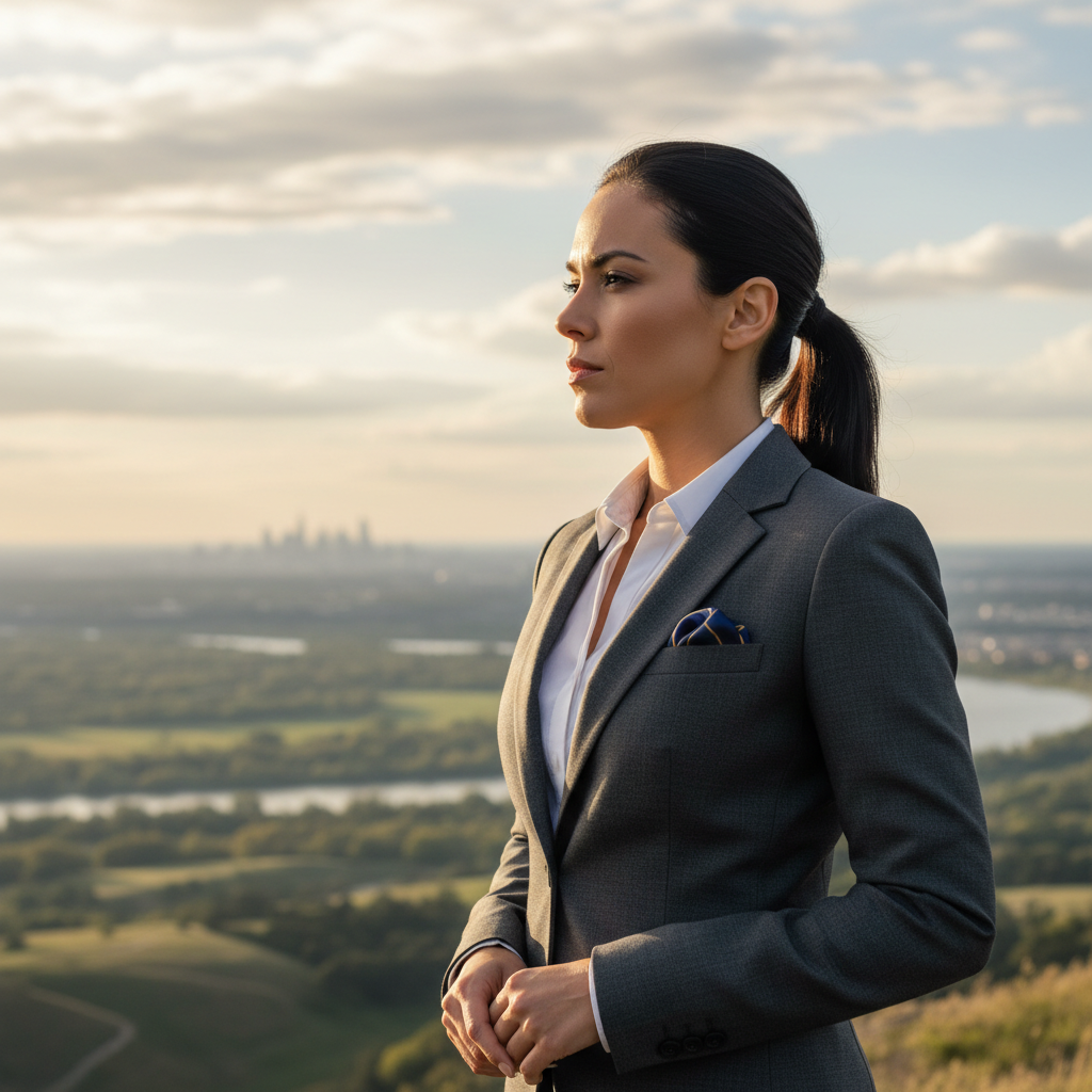 Executive in a modern glass office overlooking a city skyline at dusk, deep in thought