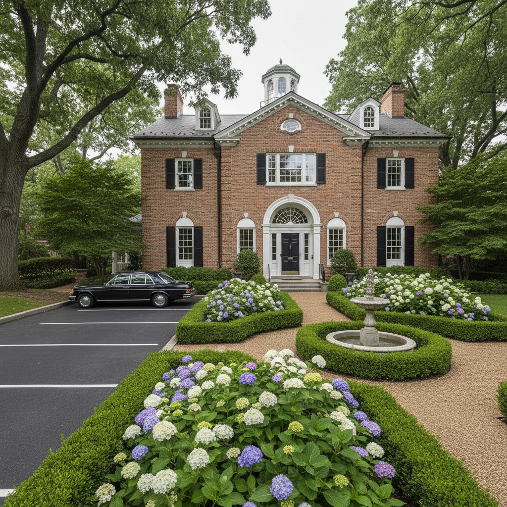 Classic Georgetown townhouse with brick facade and lush garden