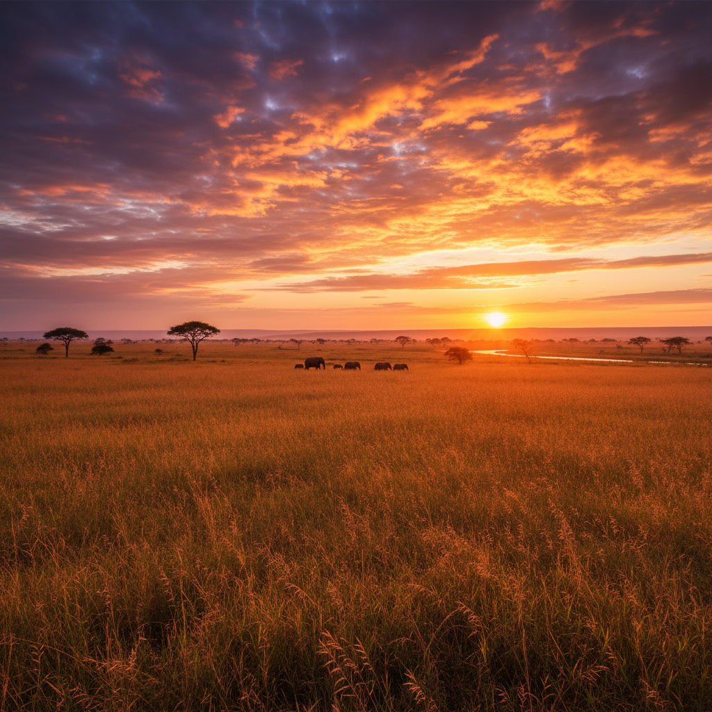Vast Serengeti plains at golden sunset with acacia trees silhouetted against amber sky, dramatic dark foreground