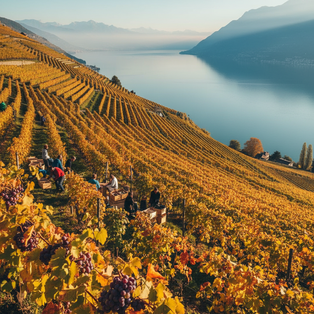 Vintage golden train alongside Lake Geneva with mountain backdrop