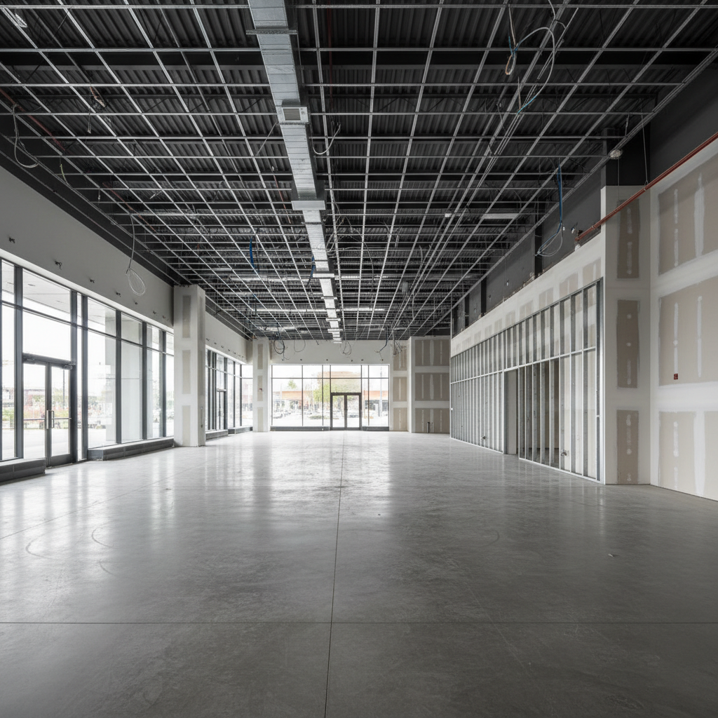 Empty retail shell interior showing ceiling grid, polished concrete floors, storefront glass, and partition walls