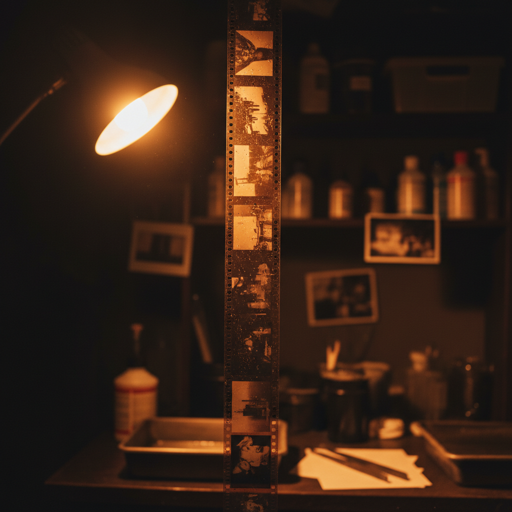 Film strip hanging and drying in a darkroom with amber light