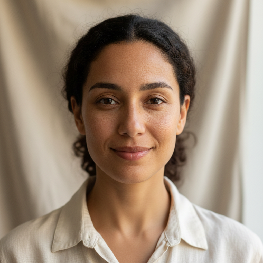 Nourish lead nutritionist, warm natural light portrait, kind steady gaze, linen background