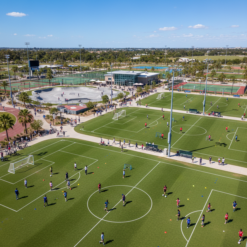 Complejo deportivo con múltiples canchas de fútbol sintético vista panorámica