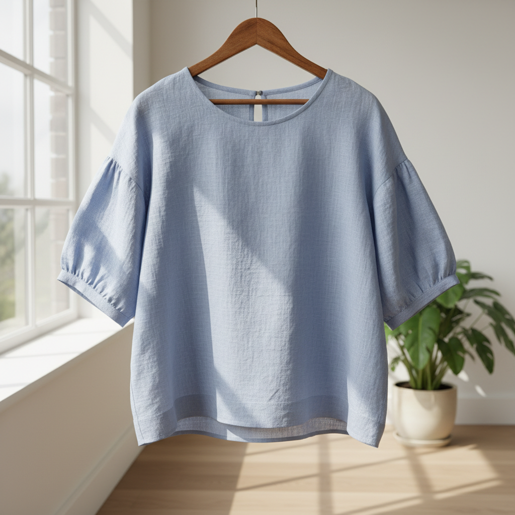 Crisp white linen blend shirt on wooden hanger, bright airy room, natural window light