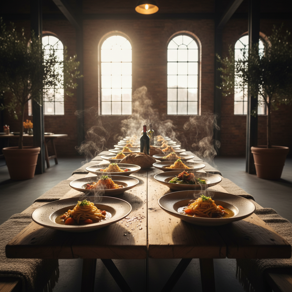 Warm golden light flooding through tall warehouse clerestory windows onto a long wooden table with first courses freshly plated, steam rising, chairs pulled back