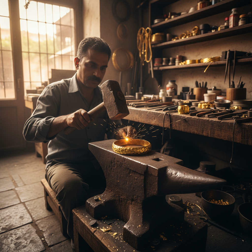 Portrait of Venkat Narasimha master craftsman creating authentic spiritual jewellery at Dakshis