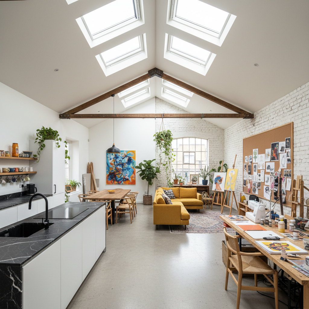 Open-plan live/work space with kitchen and dining area merging into a bright creative studio, skylights overhead