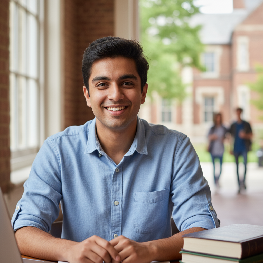 Young Indian man in early twenties with confident smile, casual shirt, campus background