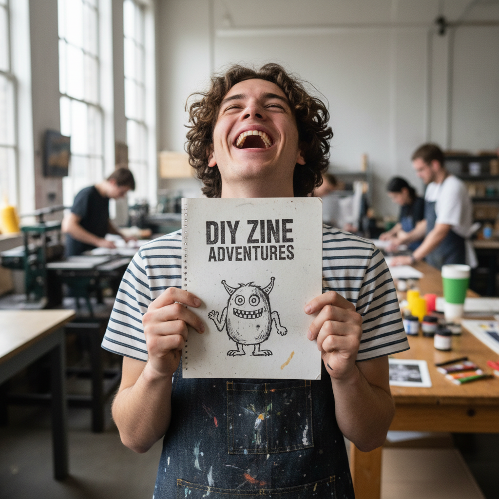 A student laughing while holding up a hand-printed zine at a design workshop