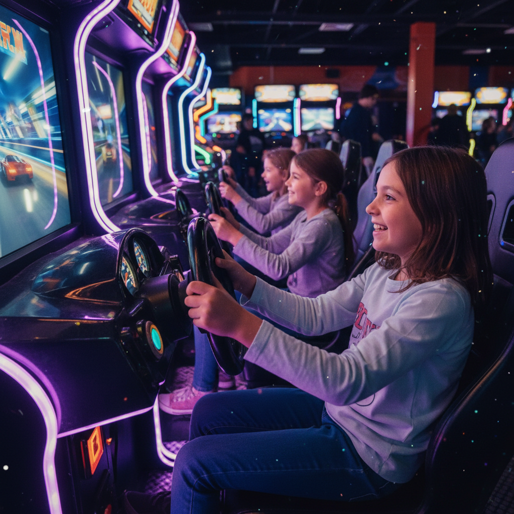 Kids racing on arcade racing cabinet, gripping steering wheels with excitement