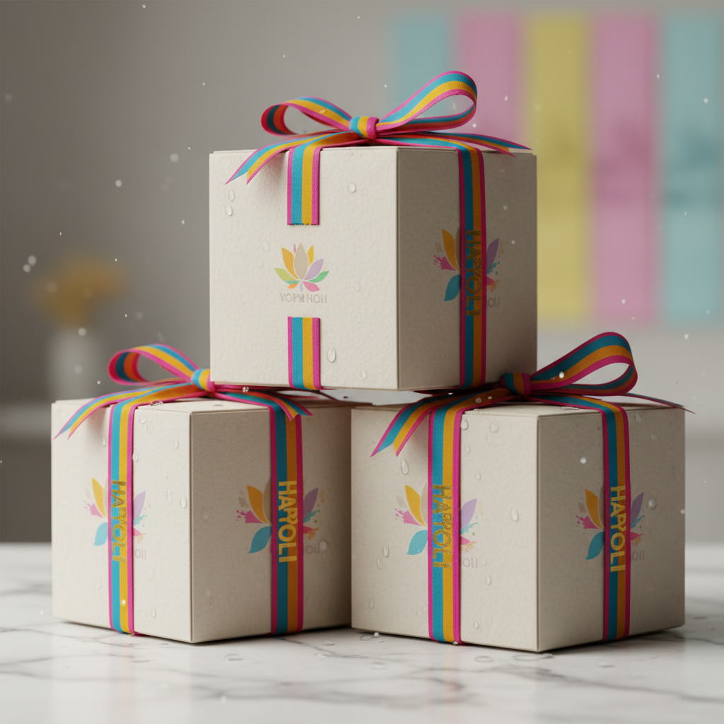 Corporate hamper boxes stacked elegantly, branded packaging, professional presentation