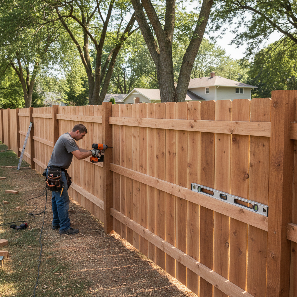 Fence contractor installing cedar privacy fence