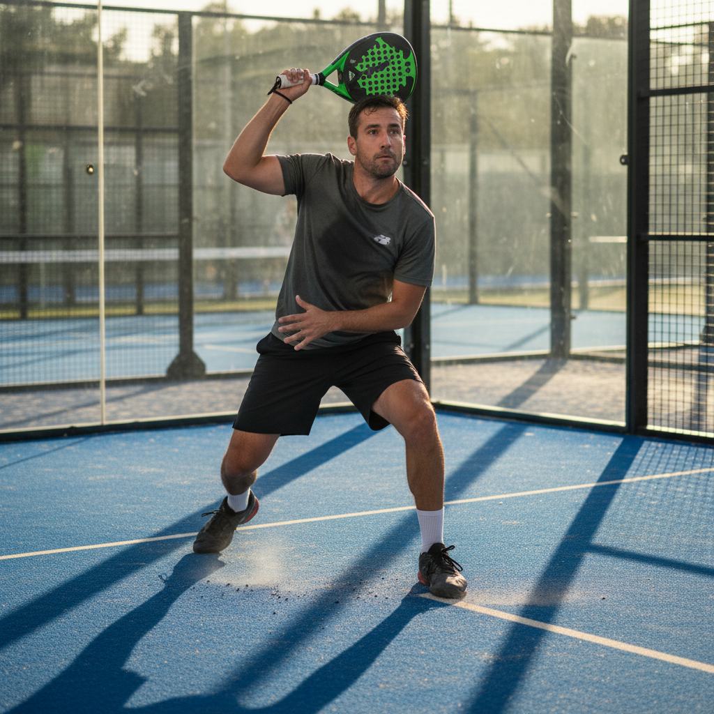 James Harrington before coaching, defensive stance on padel court, awkward elbow position during overhead shot