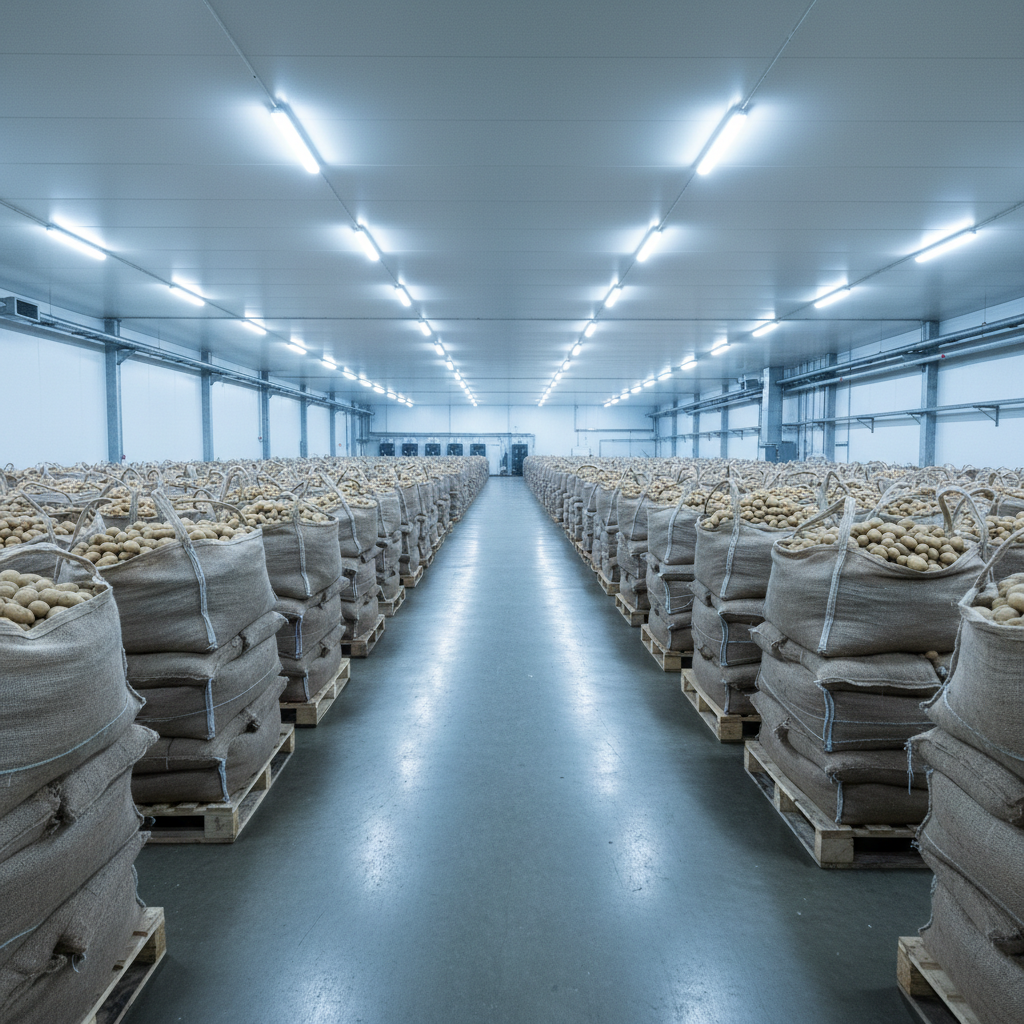 Interior of large agricultural cold store with rows of potato sacks on pallets under fluorescent lighting