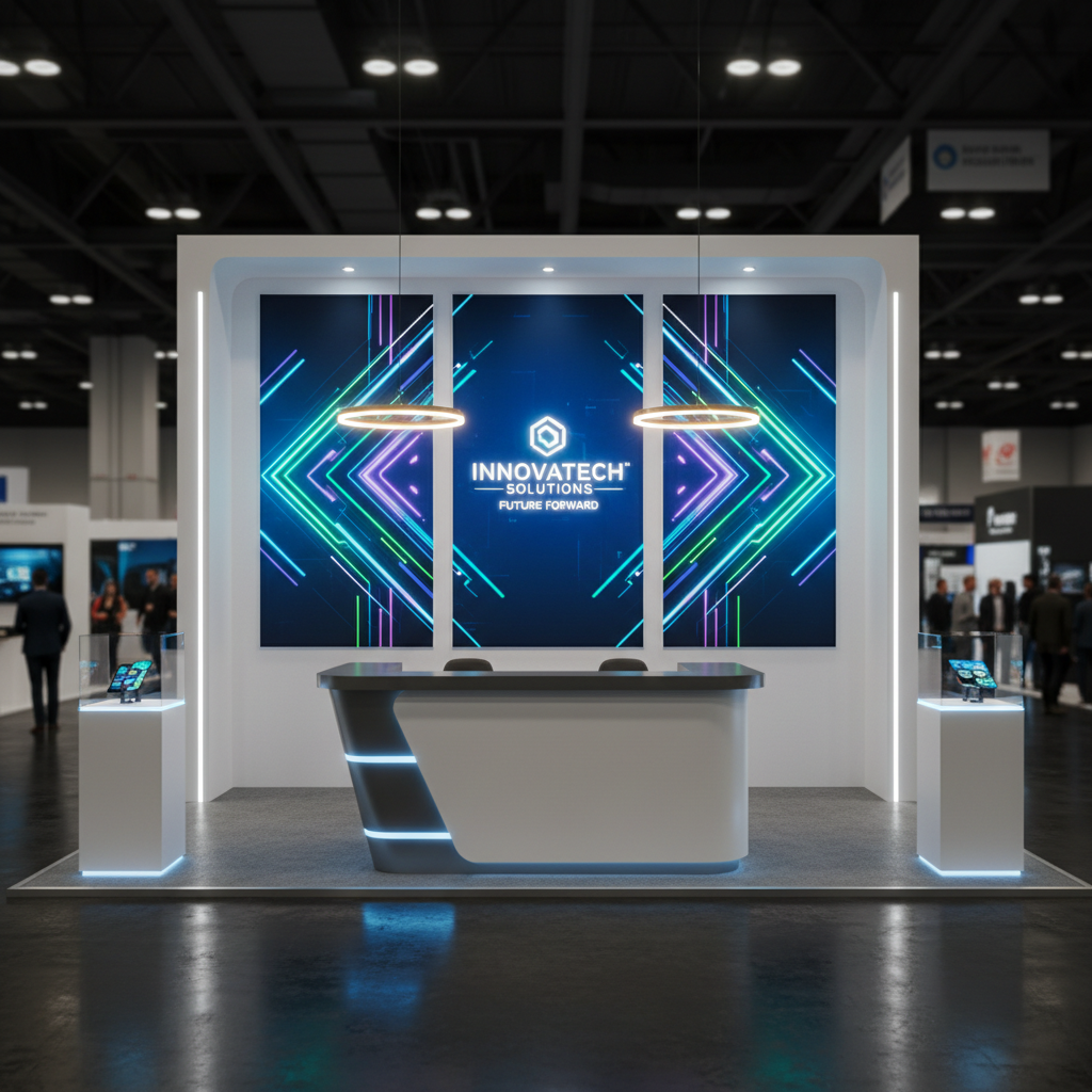 Trade show exhibition booth with illuminated backlit display panels and professional branded materials in a convention center