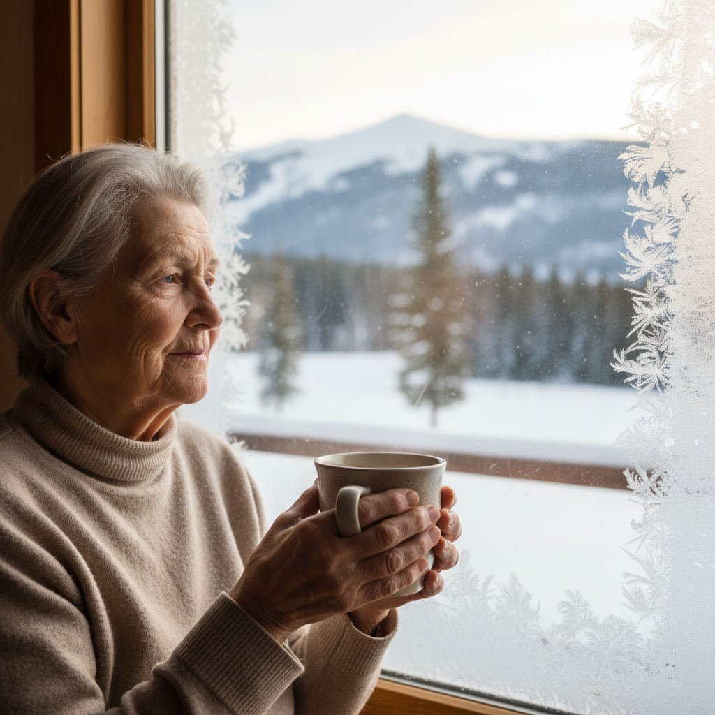 Elderly woman with both hands wrapped around a large mug, sitting by a frost-framed lodge window with snowy slopes visible behind her