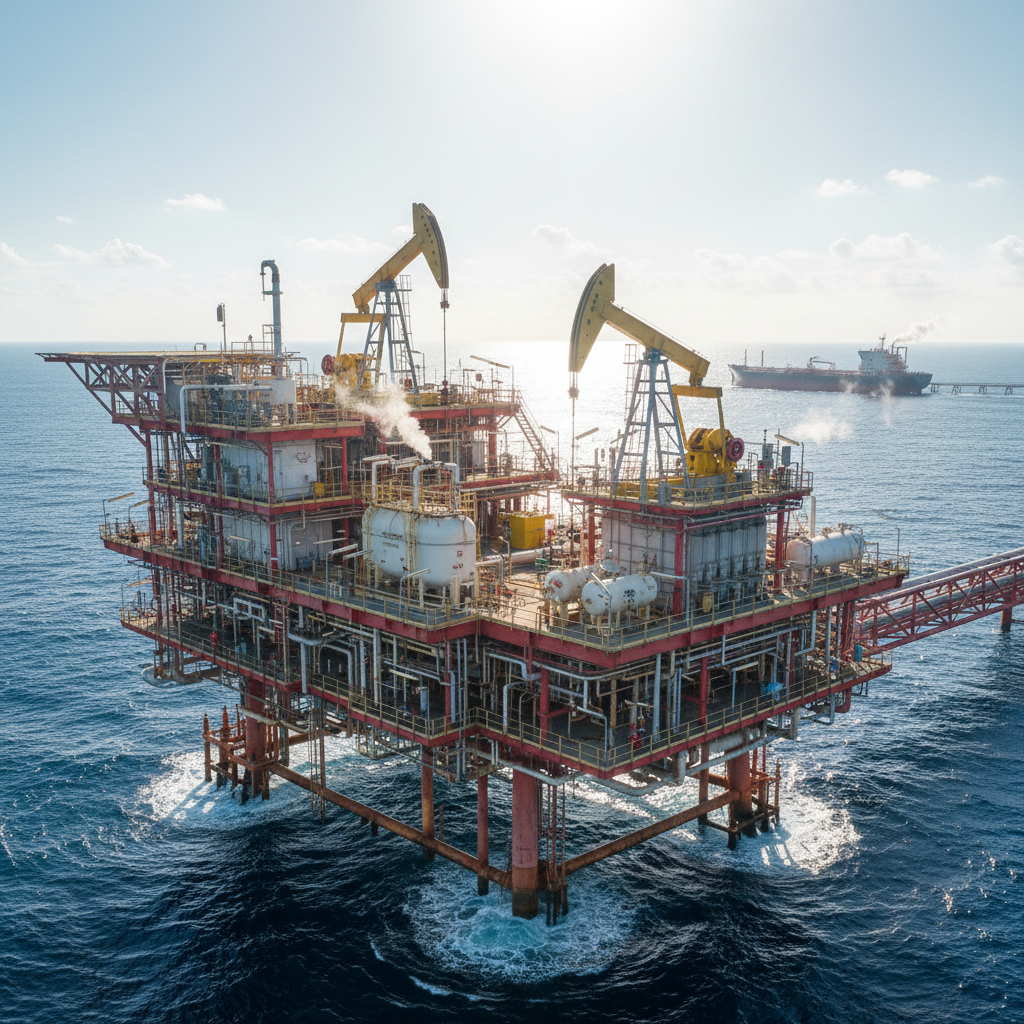 Offshore oil drilling platform surrounded by ocean at dusk