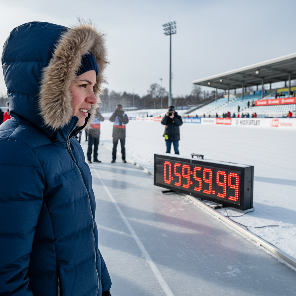 Diane Okonkwo at trackside finish area watching timing display, winter jacket