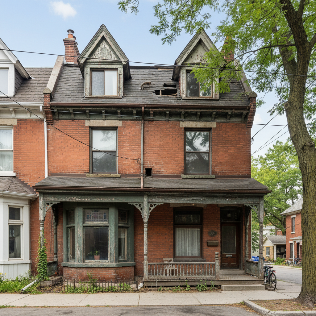 Toronto Victorian row house in Leslieville with visible roofline and soffit — common entry point for raccoons and squirrels