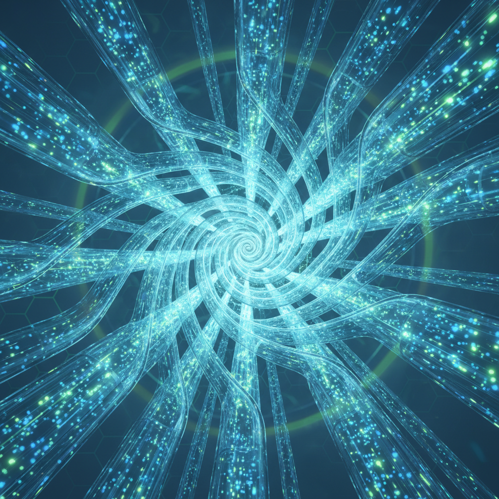 Data pipeline visualization with flowing streams of colored light representing data movement
