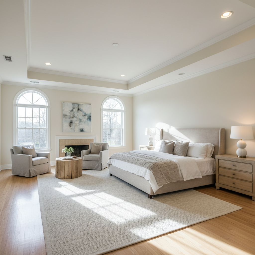 Elegant master bedroom suite with tray ceiling, neutral tones and spa-like en suite bathroom