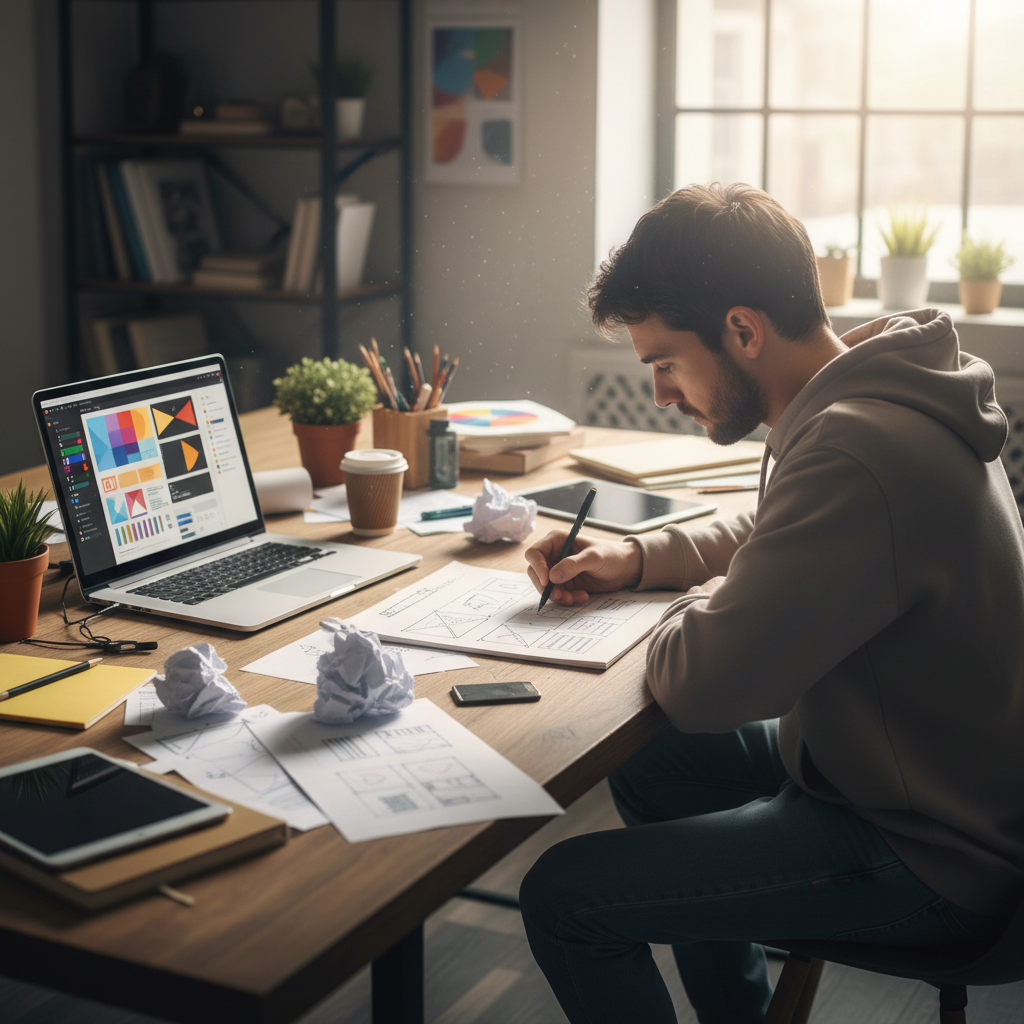 UX designer sketching wireframes on paper with Figma open on laptop screen beside