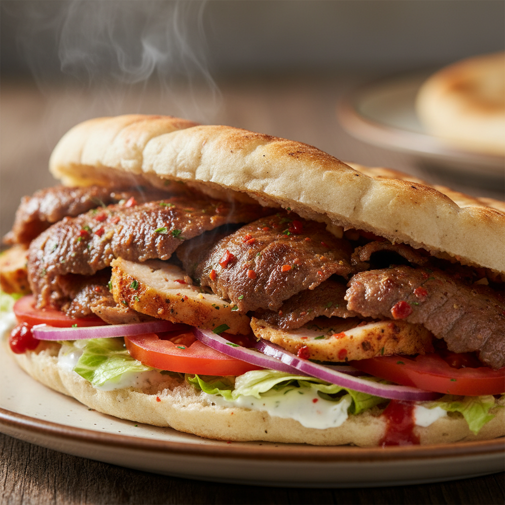 Kebab Tasty învelit în lipie caldă cu salată verde, roșii și sos special, pe fundal întunecat