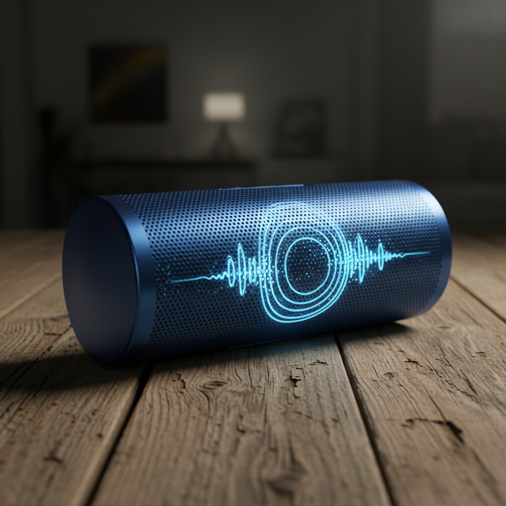 Blue portable Bluetooth speaker on wooden surface with clean background