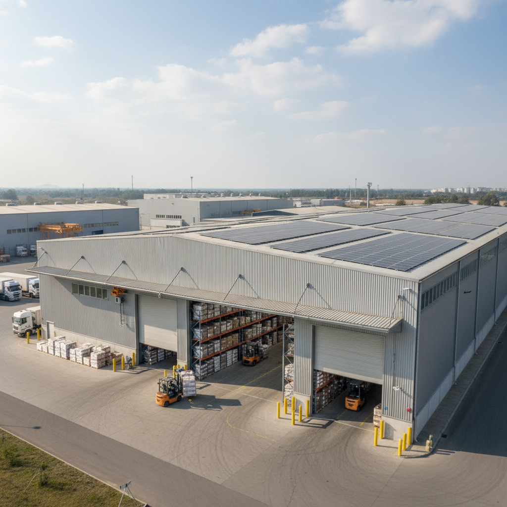Commercial solar array on warehouse rooftop, Midrand industrial area, aerial perspective