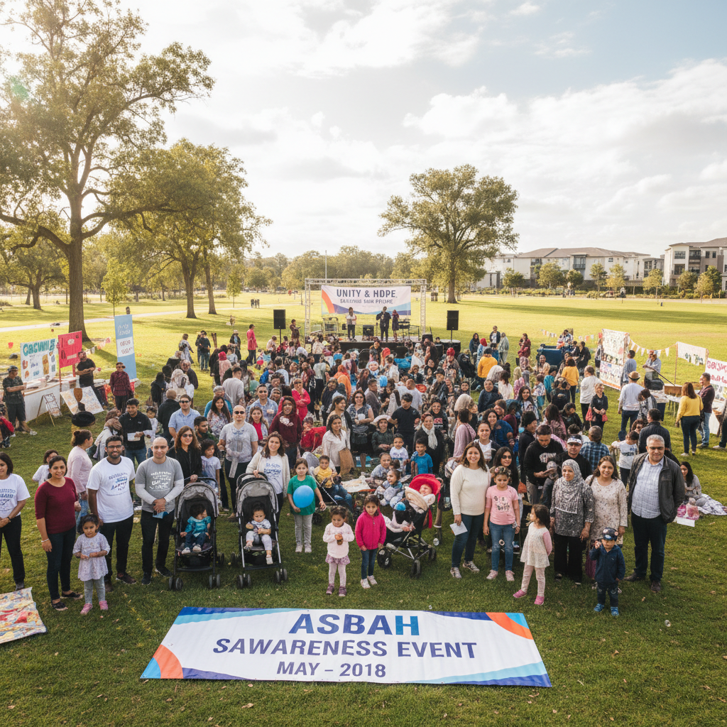 Group photo from Asbah SA awareness event in May 2018 — early community building efforts bringing families together