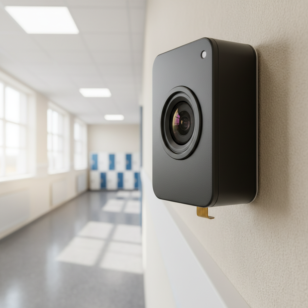 Security camera mounted on dark wall, minimal design, dim atmospheric corridor lighting