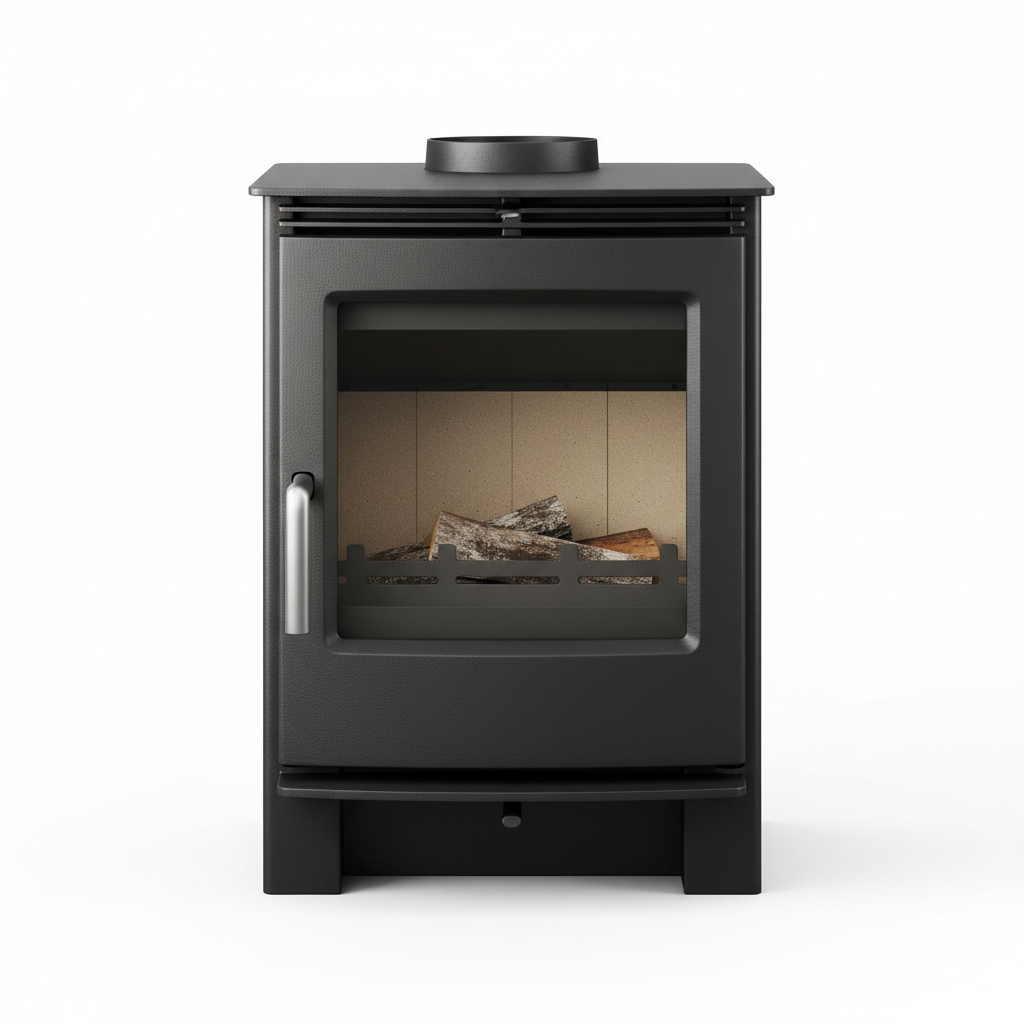 Charnwood C-Four wood burning stove, black cast iron finish, compact contemporary design with large glass door