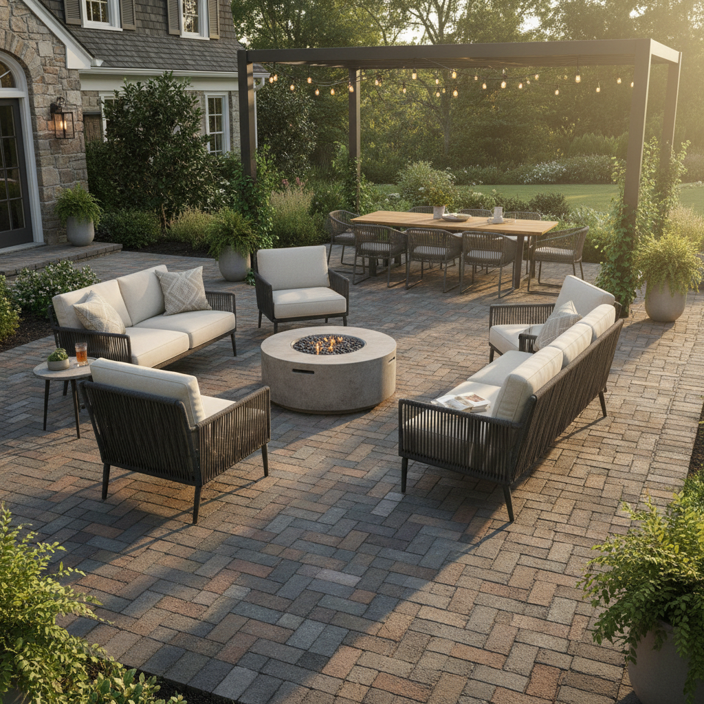 Completed herringbone pattern paver patio with outdoor furniture at golden hour