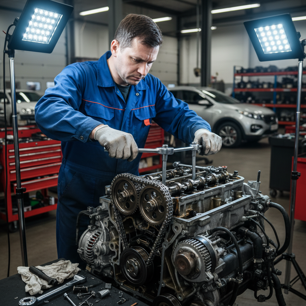 Mechanic performing timing chain replacement on a Kia Sportage engine with precision tools