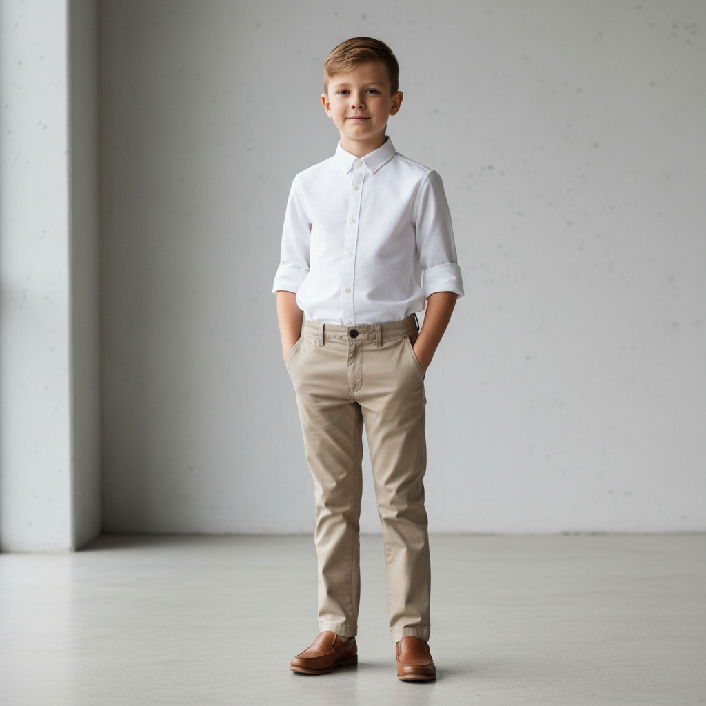 Men in clean minimal outfits standing outdoors, neutral tones, editorial fashion photography