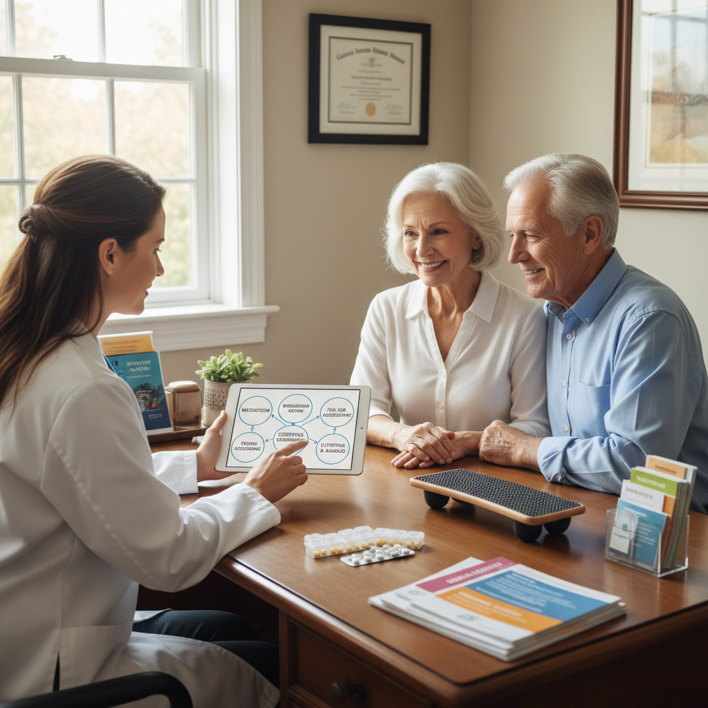 Compassionate physician holding hands with elderly patient in a sunlit clinic room, warm afternoon light, gentle and caring atmosphere