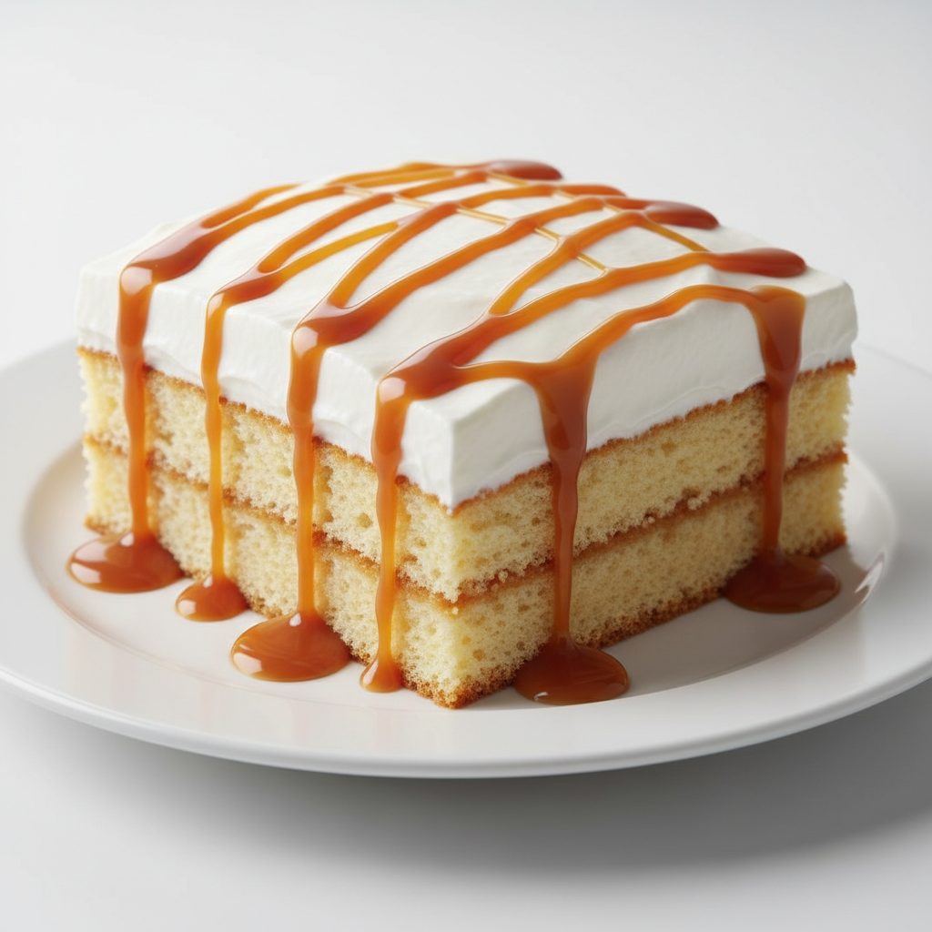 Classic tres leches cake slice with cream topping and strawberry garnish on white ceramic plate with caramel drizzle
