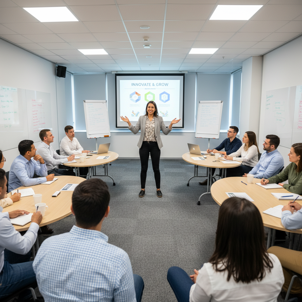 Person teaching a small group at a laptop in a modern office setting, collaborative learning environment, bright room, engaged participants