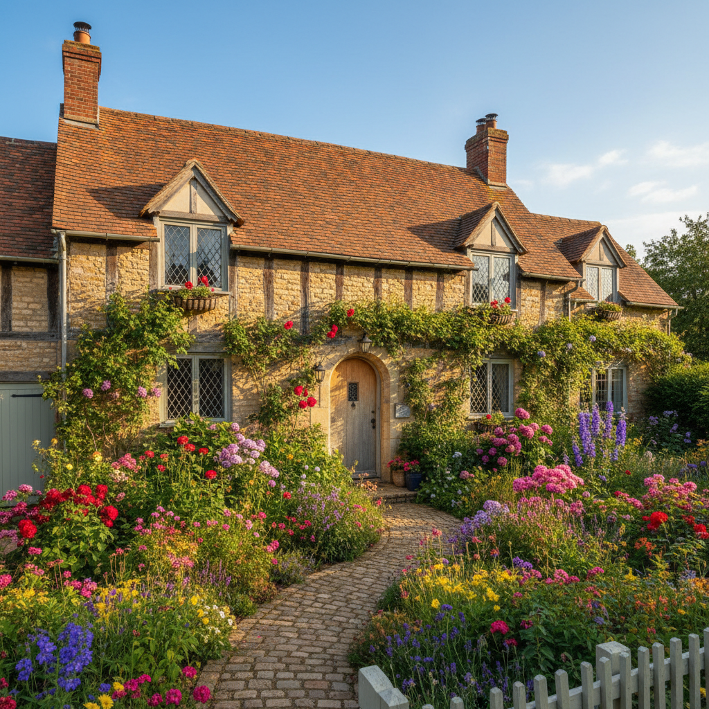 Small cottage style home with garden path warm light afternoon